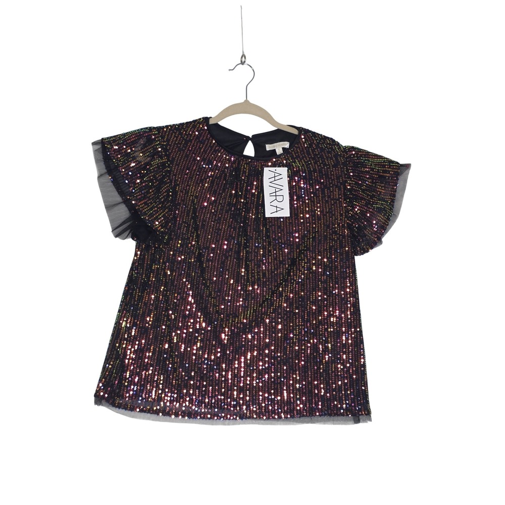 Flying Tomato NWT SzSm Multicolored Sequin Ruffle Sleeve Top Black Tulle Party